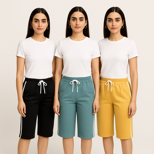 Pack of 3 Aero Deck Side Strip Jersey 3 Quarter Shorts For Her– Random Colors