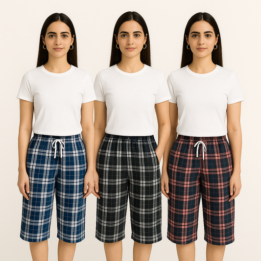 Pack of 3 Aero Deck Checkered Cotton 3 Quarter Shorts For Her– Random Colors