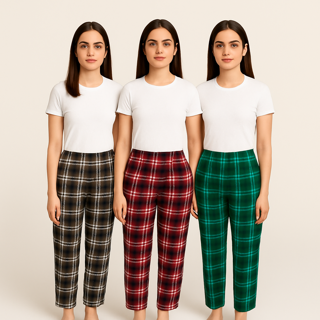 Pack of 3 Aero Deck Checkered Cotton Trouser For Her– Random Colors