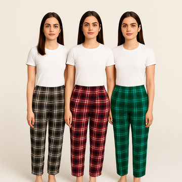 Pack of 3 Aero Deck Checkered Cotton Trouser For Her– Random Colors