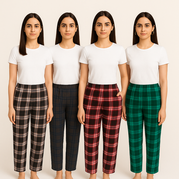 Pack of 4 Aero Deck Checkered Cotton Trouser For Her– Random Colors