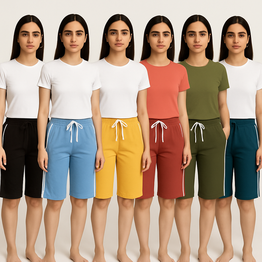 Pack of 6 Aero Deck Side Strip Jersey 3 Quarter Shorts For Her– Random Colors