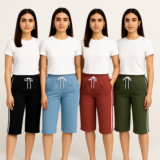 Pack of 4 Aero Deck Side Strip Jersey 3 Quarter Shorts For Her– Random Colors