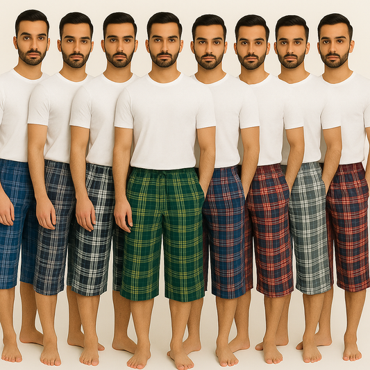 Pack of 7 Aero Deck Checkered Cotton 3 Quarter Shorts– Random Colors