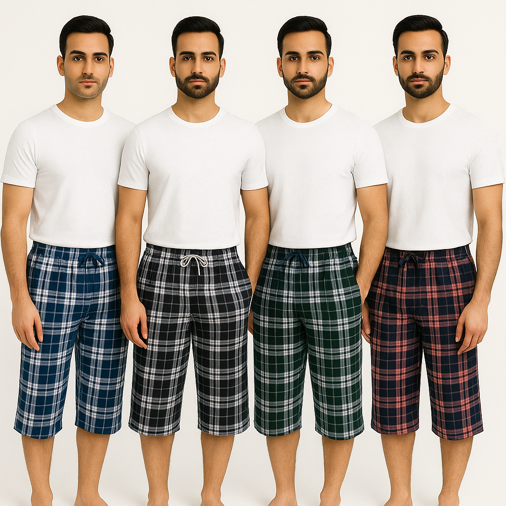 Pack of 4 Aero Deck Checkered Cotton 3 Quarter Shorts– Random Colors