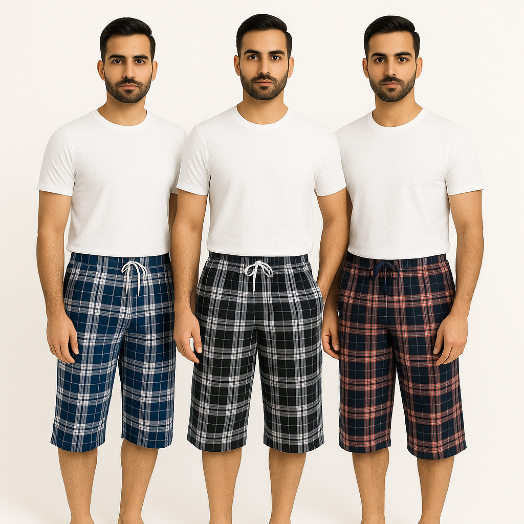 Pack of 3 Aero Deck Checkered Cotton 3 Quarter Shorts– Random Colors