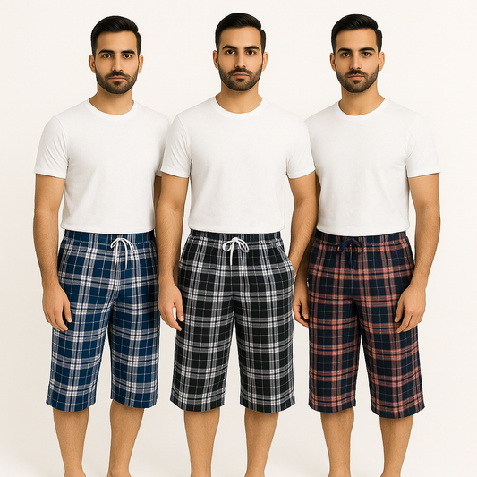 Pack of 3 Aero Deck Checkered Cotton 3 Quarter Shorts– Random Colors