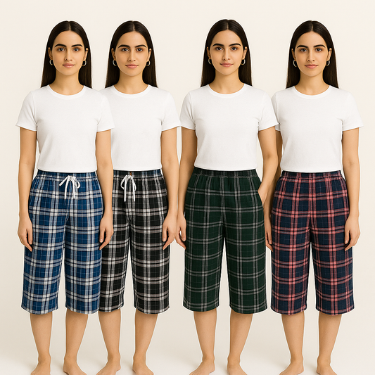 Pack of 4 Aero Deck Checkered Cotton 3 Quarter Shorts For Her– Random Colors