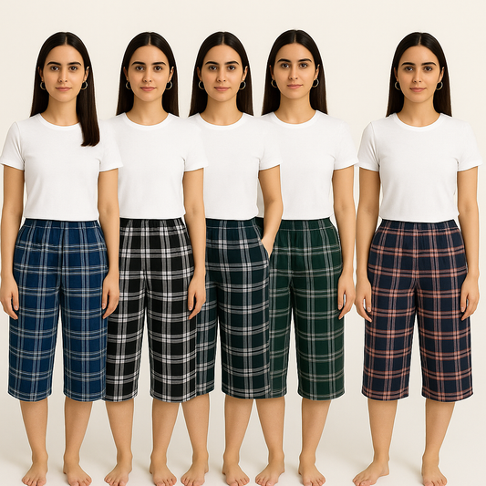 Pack of 5 Aero Deck Checkered Cotton 3 Quarter Shorts For Her– Random Colors