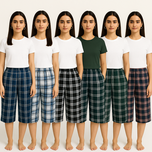 Pack of 6 Aero Deck Checkered Cotton 3 Quarter Shorts For Her– Random Colors