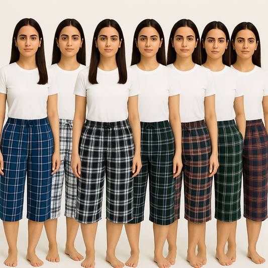 Pack of 7 Aero Deck Checkered Cotton 3 Quarter Shorts For Her– Random Colors