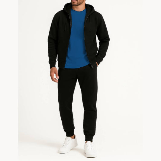 3-in-1 Black Hoodie & Trouser Set with Classic Blue Tee