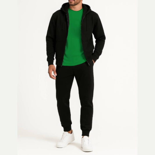 3-in-1 Black Hoodie & Trouser Set with Classic Green Tee