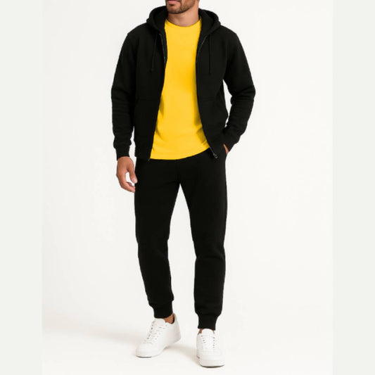 3-in-1 Black Hoodie & Trouser Set with Classic Yellow Tee