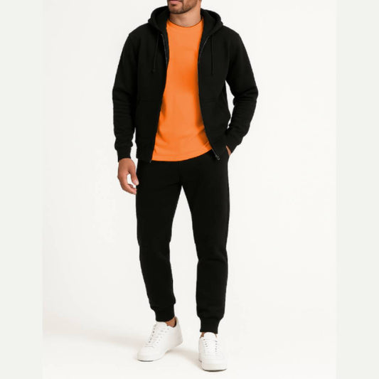 3-in-1 Black Hoodie & Trouser Set with Classic Orange Tee