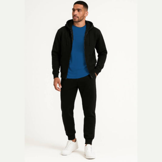 3-in-1 Black Hoodie & Trouser Set with Classic Blue Tee