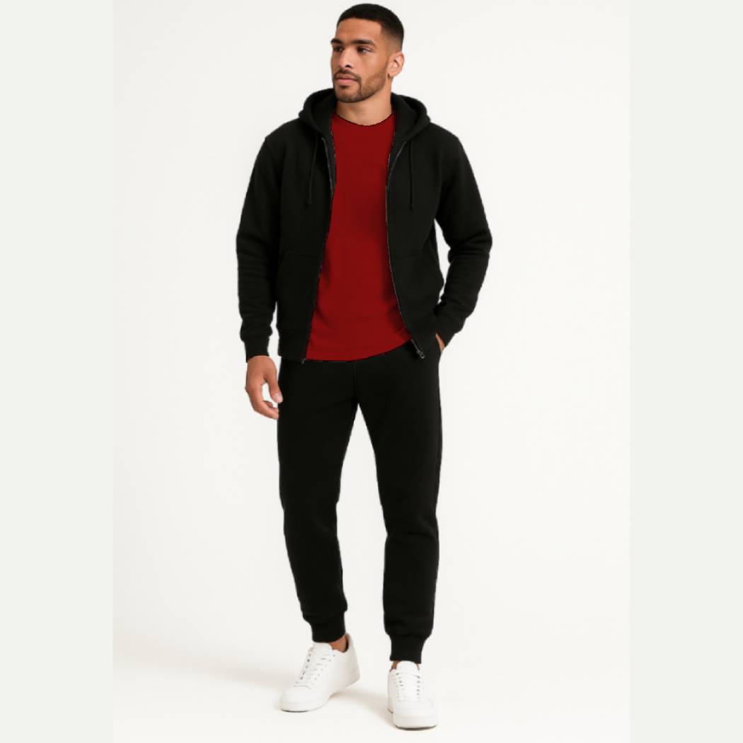 3-in-1 Black Hoodie & Trouser Set with Classic Red Tee