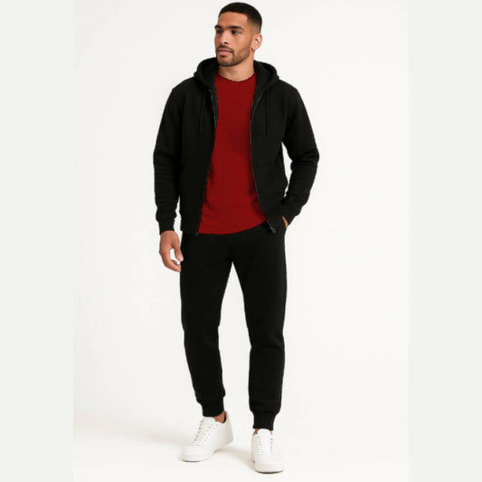 3-in-1 Black Hoodie & Trouser Set with Classic Red Tee
