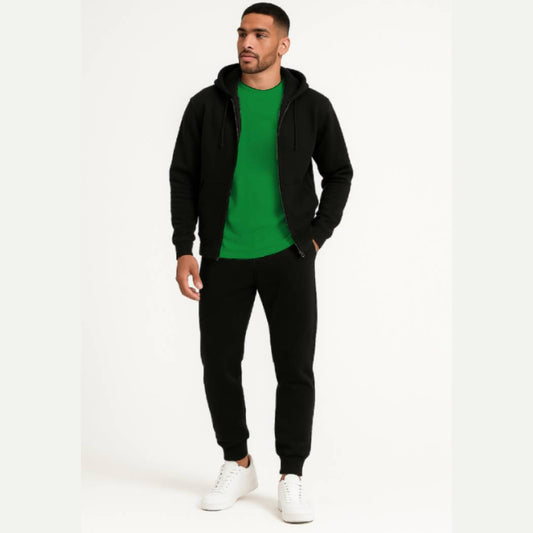 3-in-1 Black Hoodie & Trouser Set with Classic Green Tee