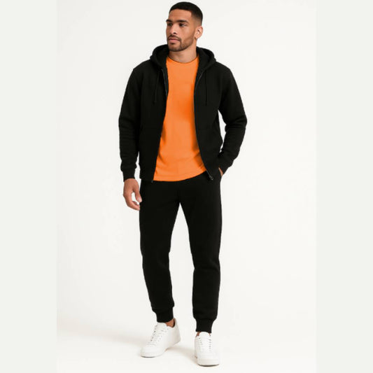 3-in-1 Black Hoodie & Trouser Set with Classic Orange Tee